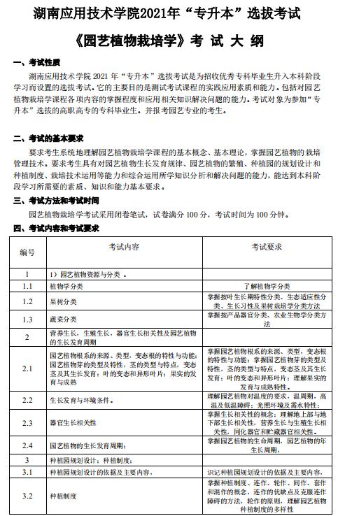 湖南应用技术学院2021年专升本《园艺植物栽培学》考 试 大 纲