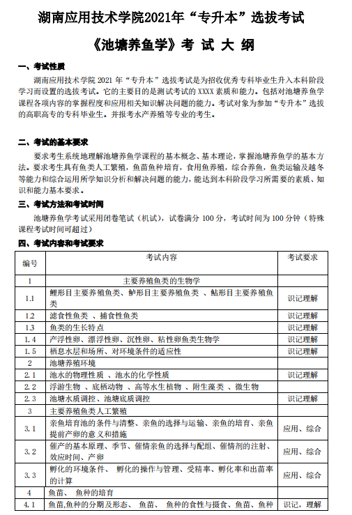 湖南应用技术学院2021年专升本《池塘养鱼学》考 试 大 纲