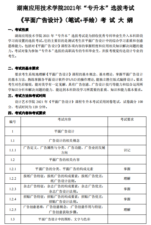 湖南应用技术学院2021年专升本《平面广告设计》考 试 大 纲