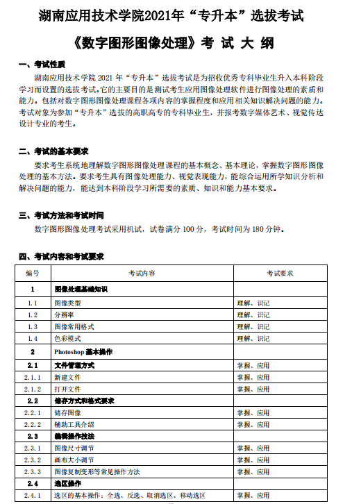 湖南应用技术学院2021年专升本《数字图形图像处理》考 试 大 纲