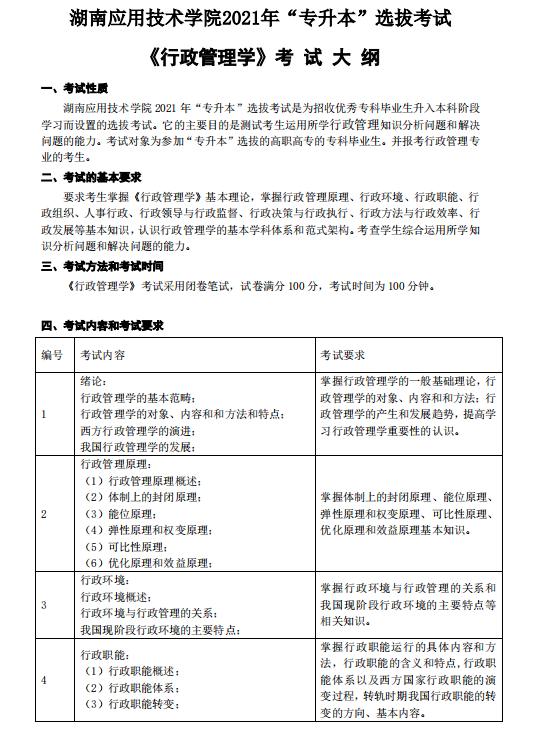湖南应用技术学院2021年专升本《行政管理学》考 试 大 纲
