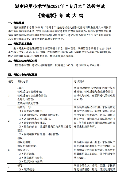 湖南应用技术学院2021年专升本《管理学》考 试 大 纲