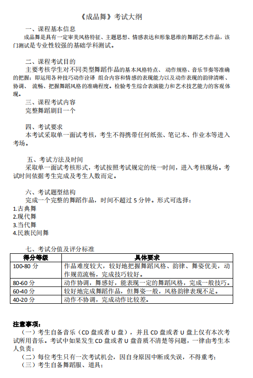 怀化学院2021年专升本舞蹈学专业测试考试大纲