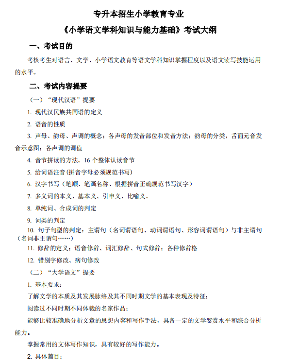 怀化学院2021年专升本《小学语文学科知识与能力基础》课程考试大纲