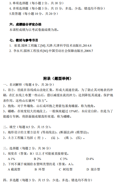 怀化学院2021年专升本《园林工程施工》课程考试大纲