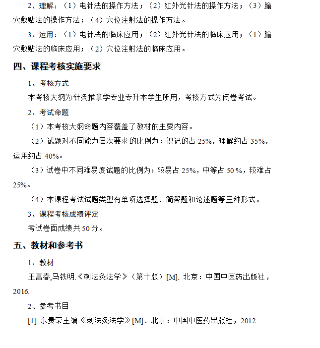 吉首大学2021年专升本《针灸推拿学专业基础课》课程考核大纲