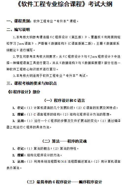 吉首大学张家界学院2021年专升本《软件工程专业综合课程》课程考核大纲