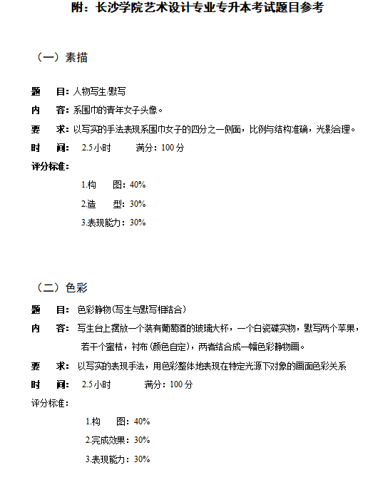 长沙学院2021年专升本《色彩》与《素描》考试大纲