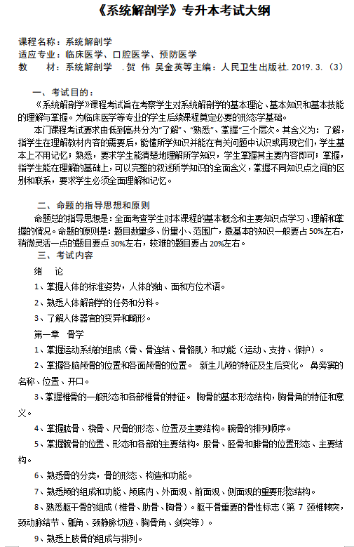 长沙医学院2021年专升本《系统解剖学》考试大纲