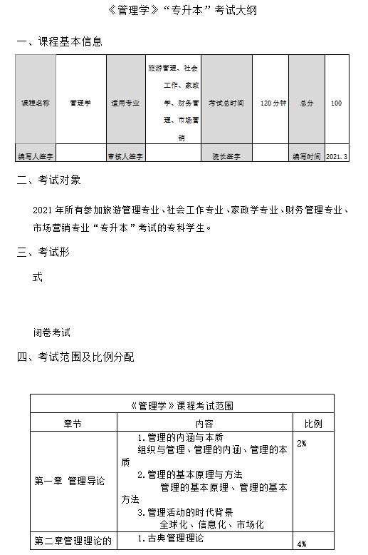 湖南女子学院2021年“专升本”《管理学》考试大纲