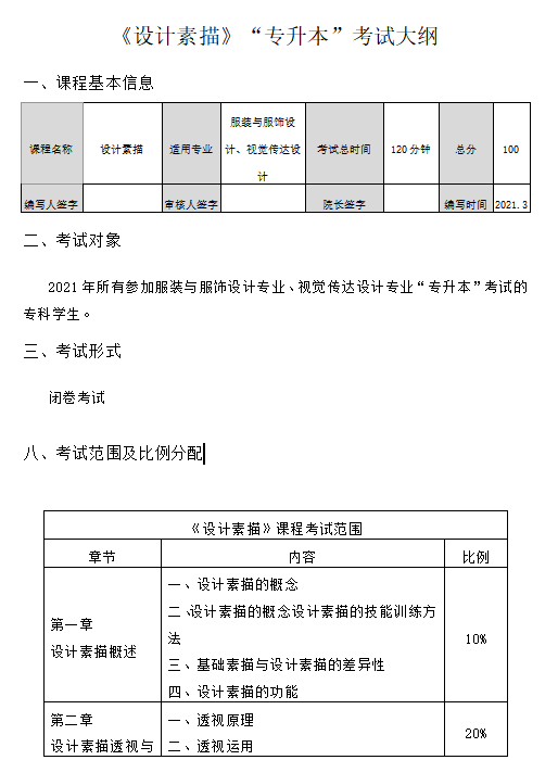 湖南女子学院2021年“专升本”《设计素描》考试大纲