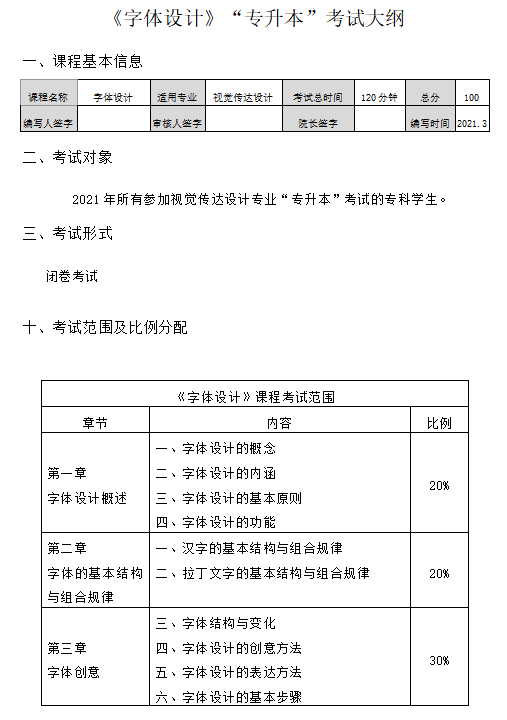 湖南女子学院2021年“专升本”《字体设计》考试大纲