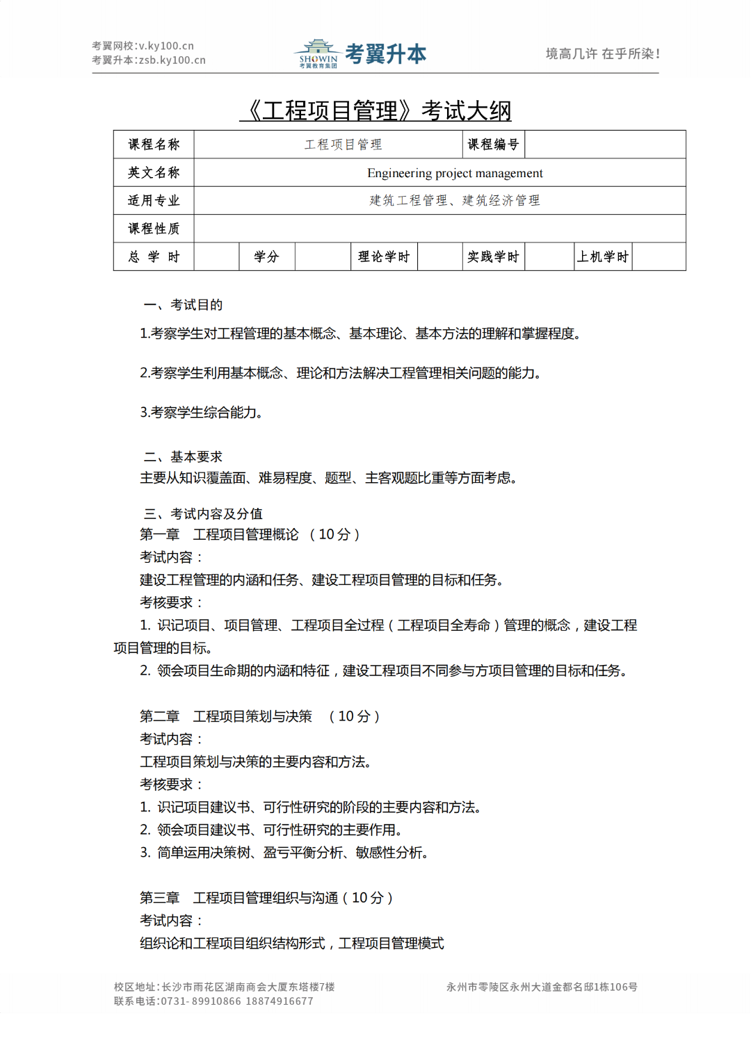 湖南城市学院《工程管理》2022年专升本考试大纲