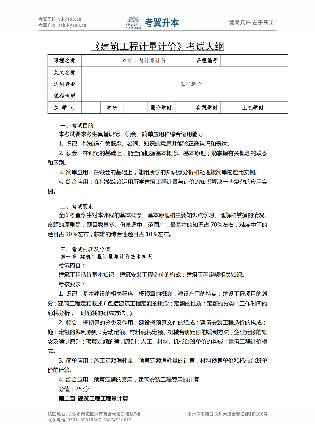 湖南城市学院《工程造价》2022年专升本考试大纲