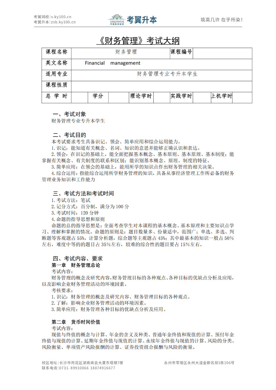 湖南城市学院《财务管理》2022年专升本考试大纲